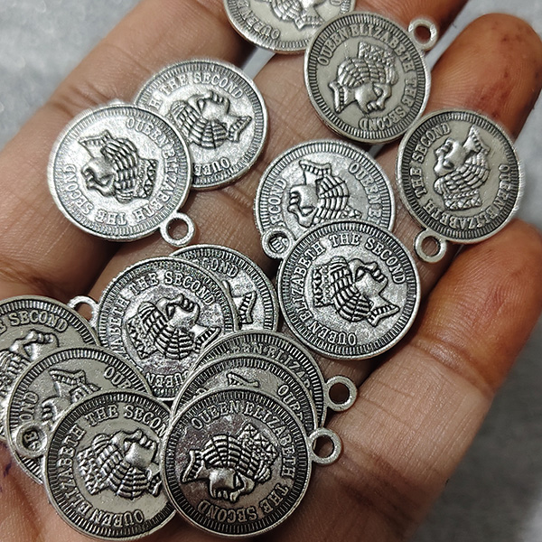 Silver Oxidised Queen Coin Charms