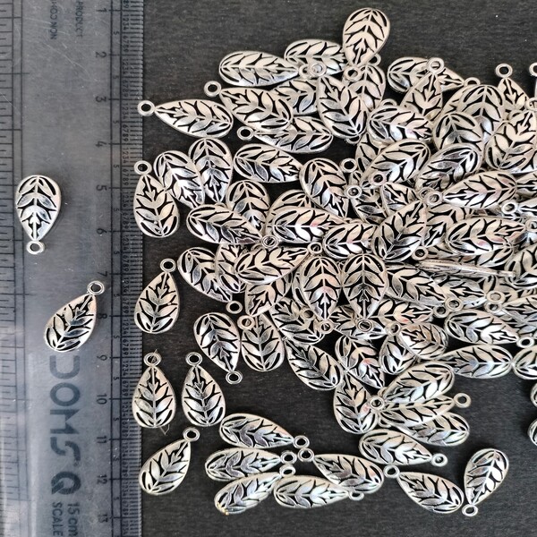 oxidised silver carved leaf charm pendant